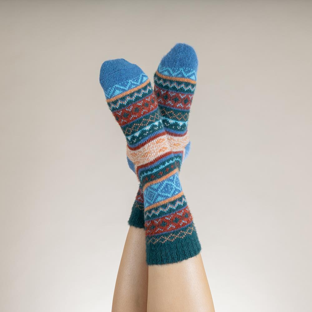 Blue, orange and brown Scandi patterned soft Wool Blend socks