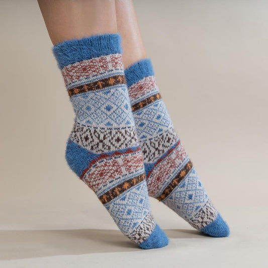 Blue, cream and brown Scandi patterned soft Wool Blend socks
