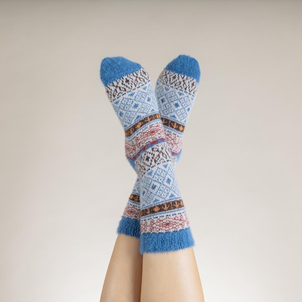Blue, cream and brown Scandi patterned soft Wool Blend socks