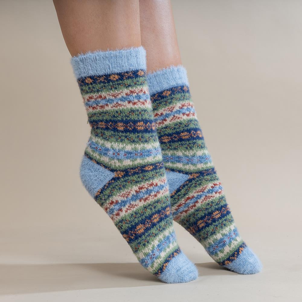 Pale blue, green and black Scandi patterned soft Wool Blend socks
