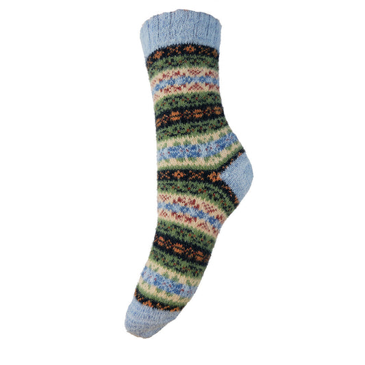 Pale blue, green and black Scandi patterned soft Wool Blend socks